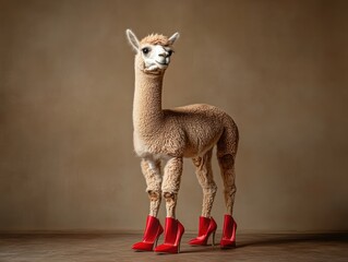 conceptual image of a fashionable alpaca wearing red high heels, depicting the full body