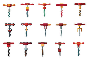 Collection of colorful cartoon corkscrews on a white background representing wine tools