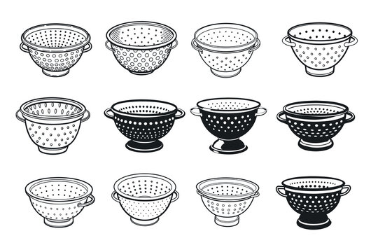Various artistic line art colander designs presented on a white background