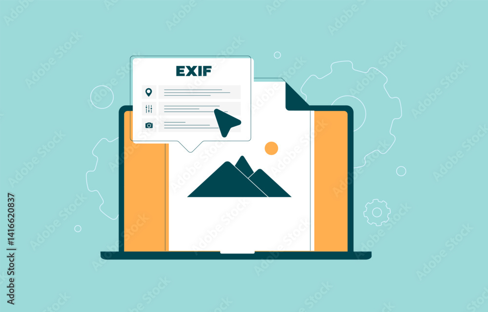 Poster exif data vector for metadata management, geolocation, exposure, aperture, and camera lens info. use