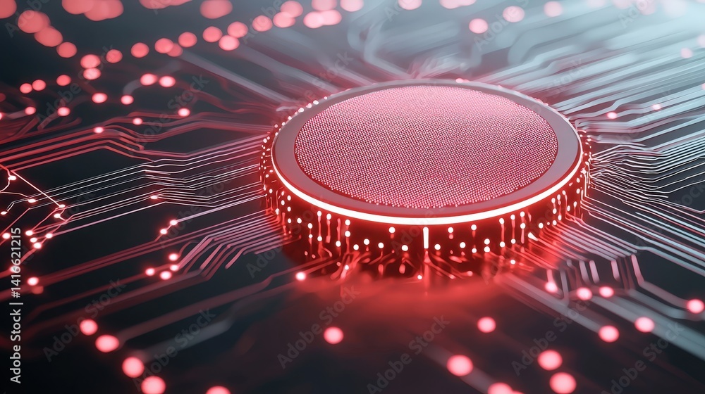 Poster illuminated red circuit board with central processing unit detail