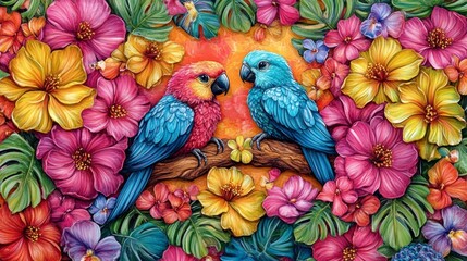 Obraz premium Exotic Parrots Amidst Vibrant Floral Bloom A Tropical Paradise of Colorful Birds and Lush Flowers a Whimsical Illustration of Nature's Beauty