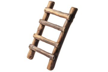 A rustic wooden ladder with four rungs isolated against a solid black background in a studio shot