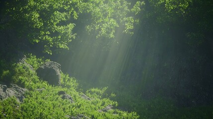 Fototapeta premium Sunbeams filtering through lush green forest canopy illuminating mossy rocks and ground vegetation. Serene, mystical, enchanting forest scene.