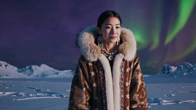 A young Inuit woman stands on a snowy landscape under the Northern Lights, wearing indigenous Arctic people's traditional fur coat and jewelry. Aurora Borealis in the background