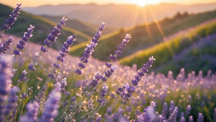 Fototapeta premium Lavender Field Blooming at Golden Hour with Rolling Hills Backdrop