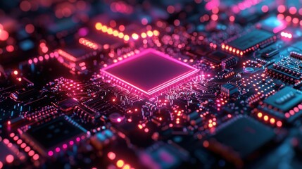 Obraz premium High-tech circuit board with glowing central processor. Detailed close-up view of intricate electronic components