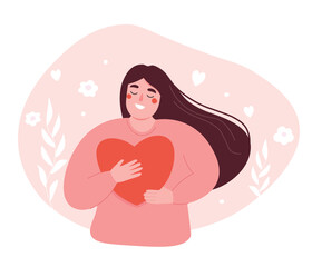 Happy woman holds heart in hands. Symbol of self-care, positivity, confidence. Vector flat graphics.
