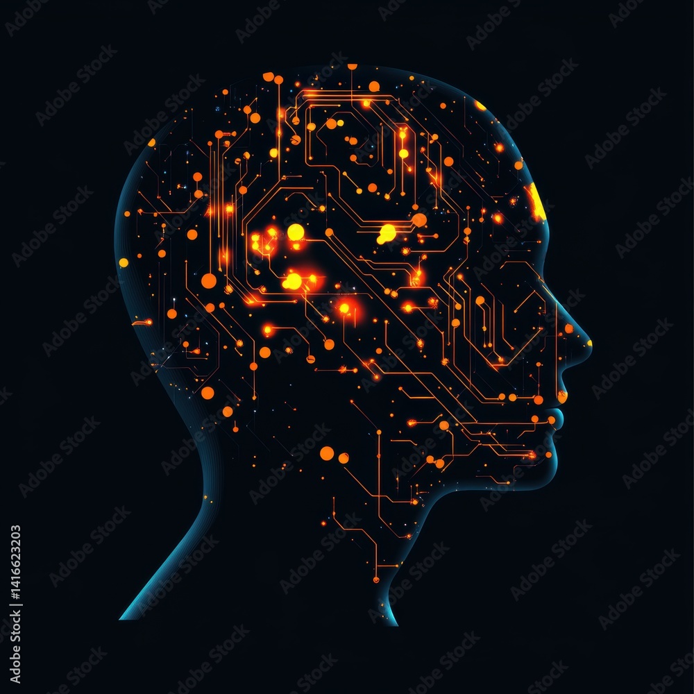 Poster artificial intelligence: illuminated circuitry in a human profile silhouette, symbolic of advanced t