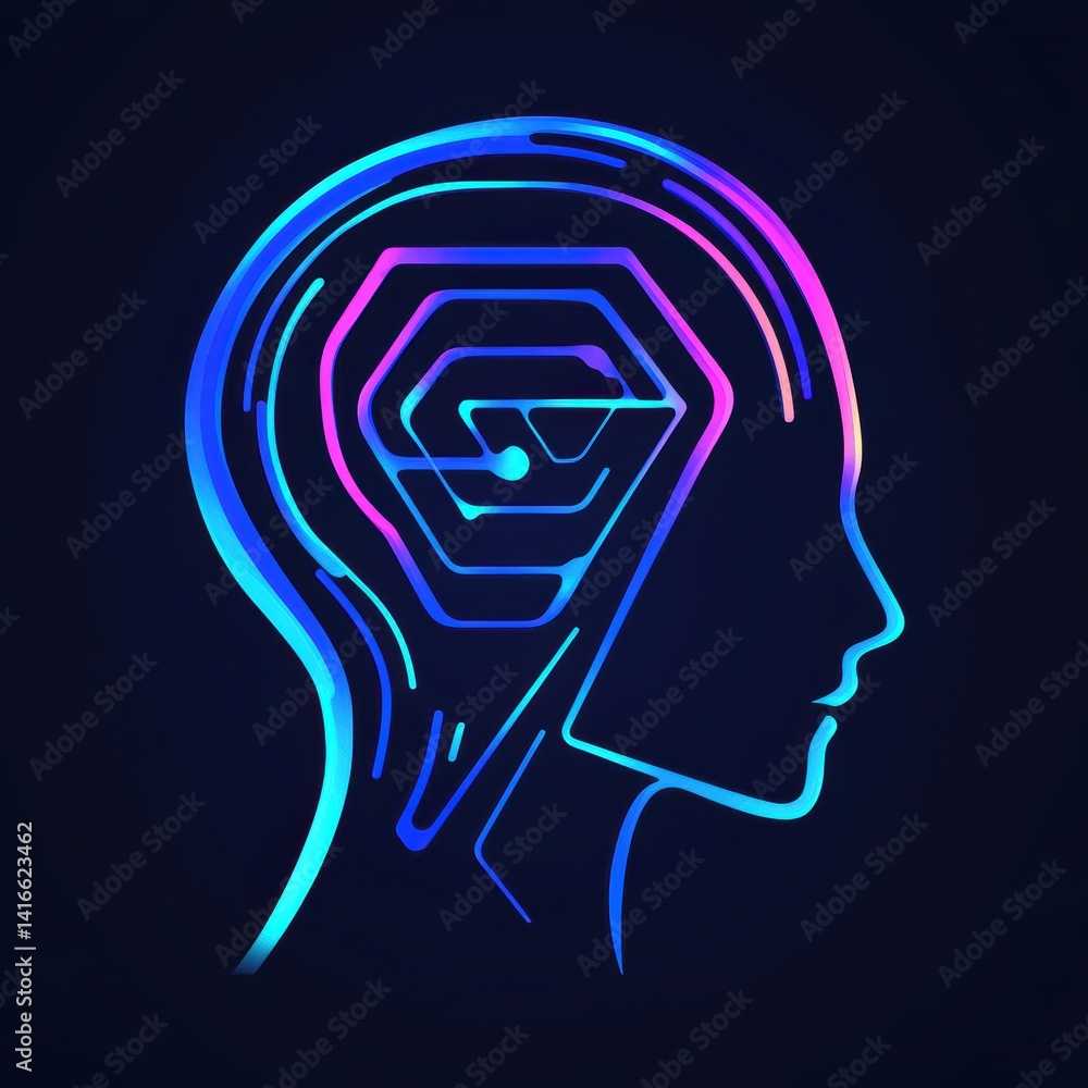 Poster artificial intelligence neon head design with hexagon pattern, abstract technology concept