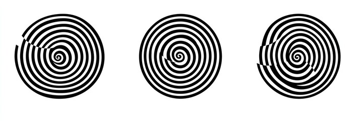Three black and white spiral designs, two with sections missing