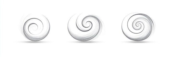 Three grayscale spiral designs, set against a white backdrop, each exhibiting a unique, subtle shadow