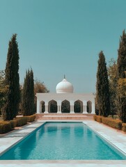 Naklejka premium Serene turquoise pool with a white gazebo and manicured hedges under a clear blue sky. Ideal for relaxation and tranquility.
