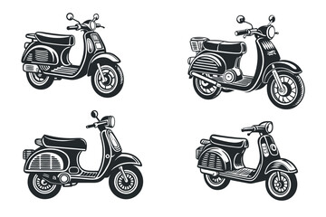 Obraz premium Monochrome Vector Illustration Featuring Four Different Designs of Classic Scooters