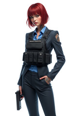 Woman Holding Firearm Wearing Tactical Vest and Business Suit