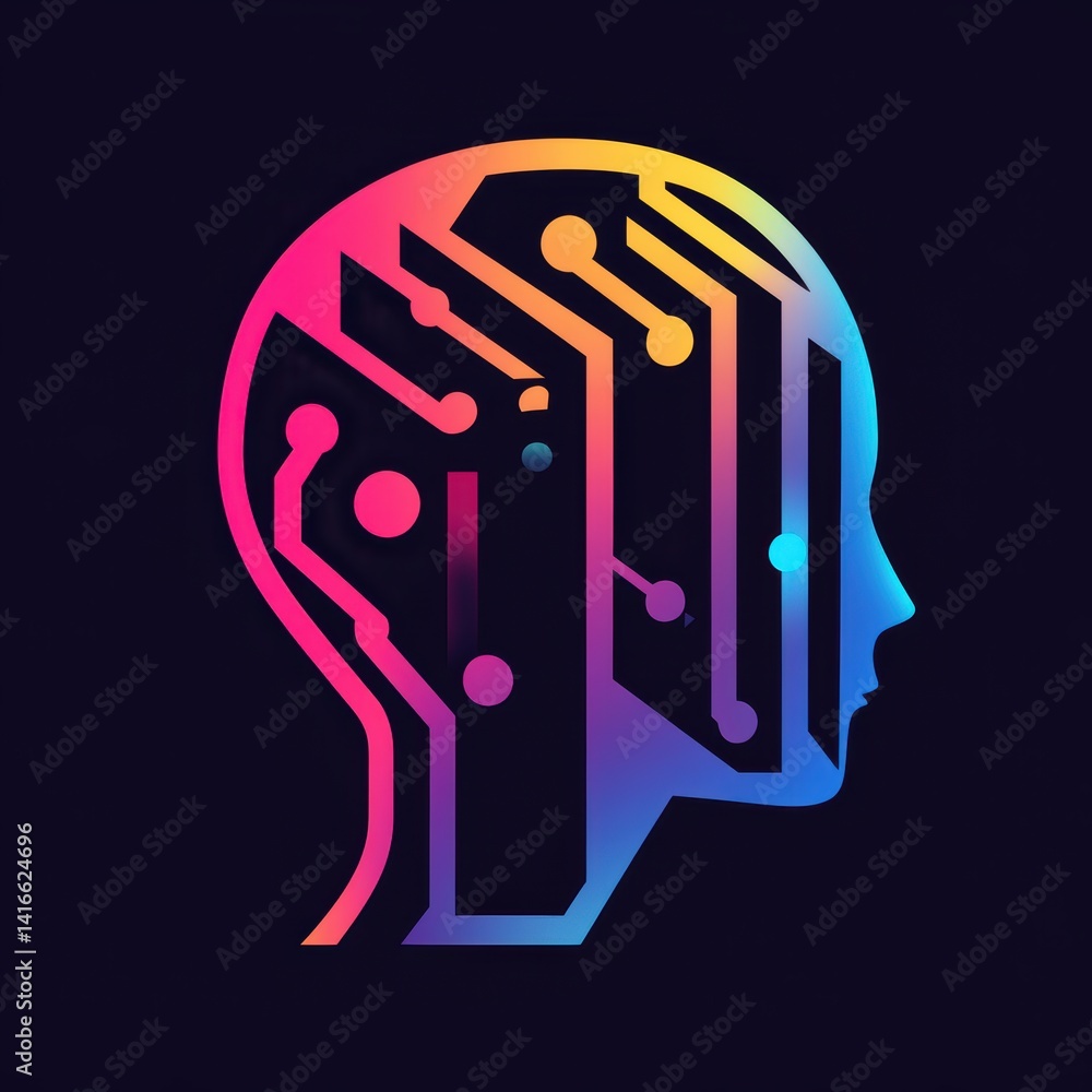 Poster symbolic representation of artificial intelligence with a gradient-filled circuit head silhouette ag