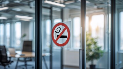 No smoking sign on office door, workplace restriction, against blurred office interior