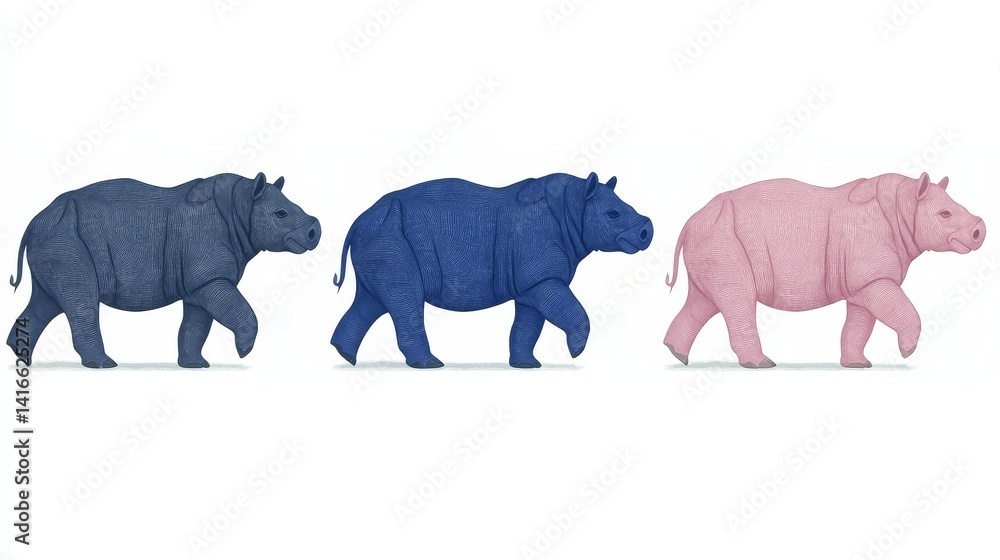 Aufkleber pixelated hippos in various colors presenting a whimsical art style and unique visual concept on a c