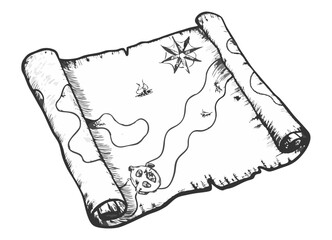 Hand-drawn old map sketch illustration with fine lines and intricate details. Vintage-style etching, perfect for prints, decor, and adventure-themed designs.