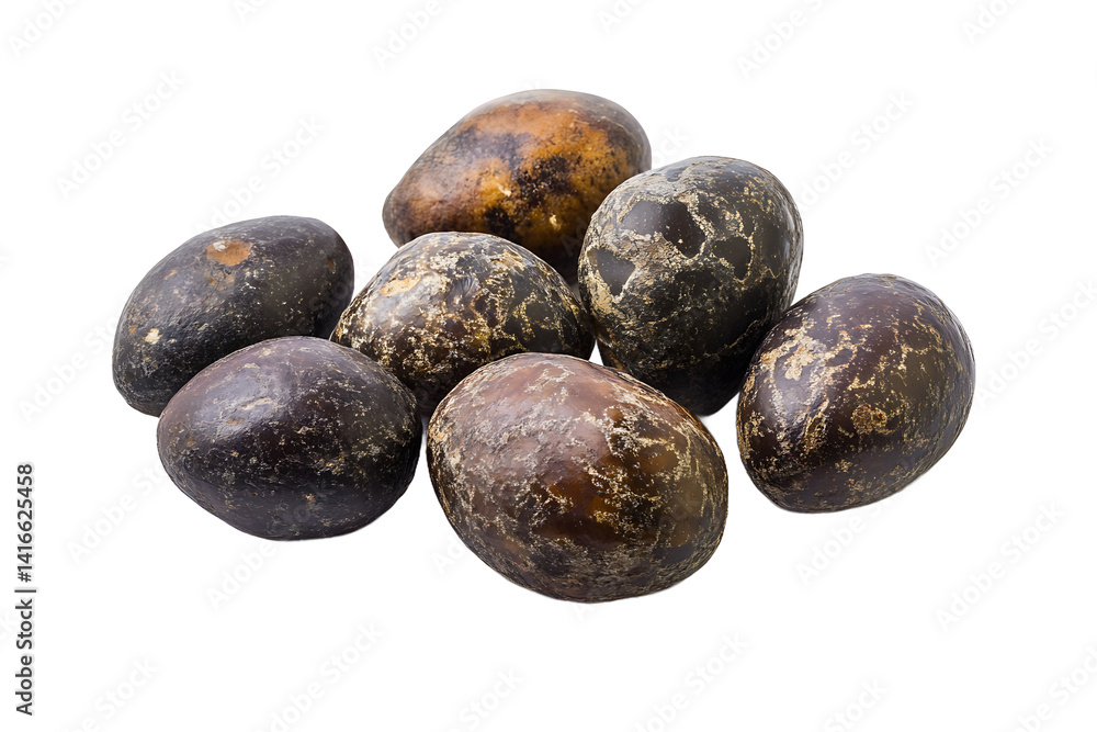 Poster a collection of seven speckled eggs displayed against a stark black background in a studio setting
