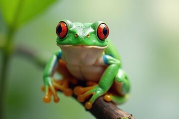 Fototapeta premium Green tree frog perched on white, vibrant skin, nature photography, isolated background, texture