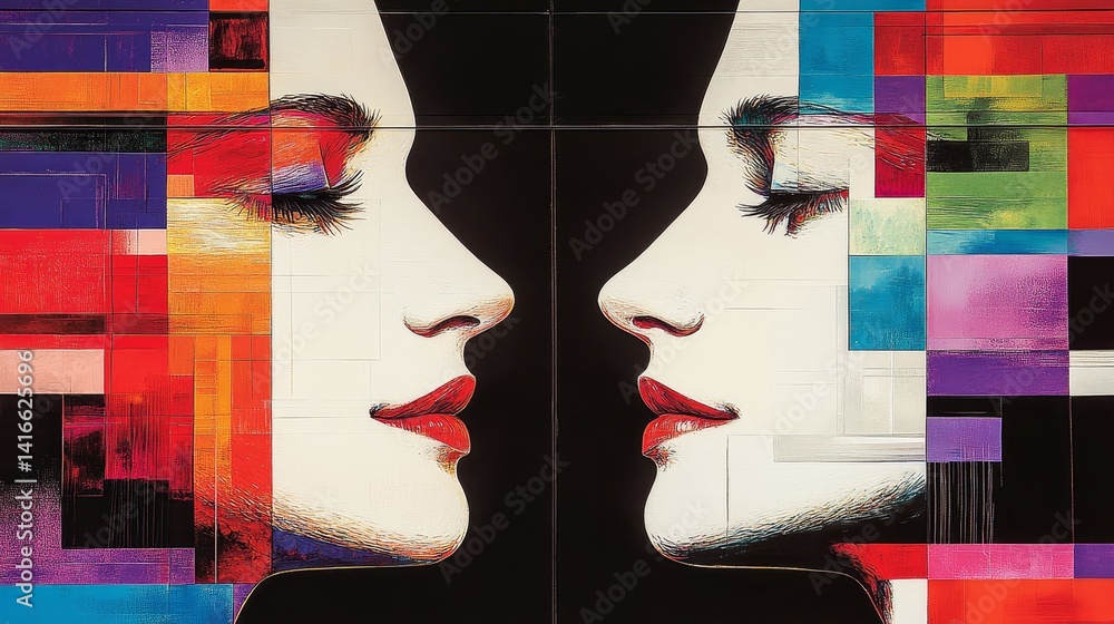 Poster abstract juxtaposition of dual faces amidst geometric color blocks evoking a modern artistic express