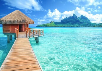 Fototapeta premium Idyllic Overwater Bungalow at Tropical Resort in Crystal Clear Lagoon with Lush Green Mountains and Blue Sky for a Perfect Getaway Experience