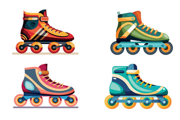 Illustration of four pairs of vibrantly colored retro roller skates in vector