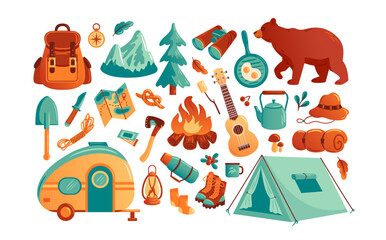 Naklejka premium A vector illustration featuring an array of camping adventure icons, showcasing essential nature elements and outdoor gear. Perfect for nature lovers, it evokes a sense of exploration and adventure.