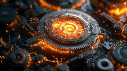 Futuristic Gears with Neon Glow in Dark Background for Technology