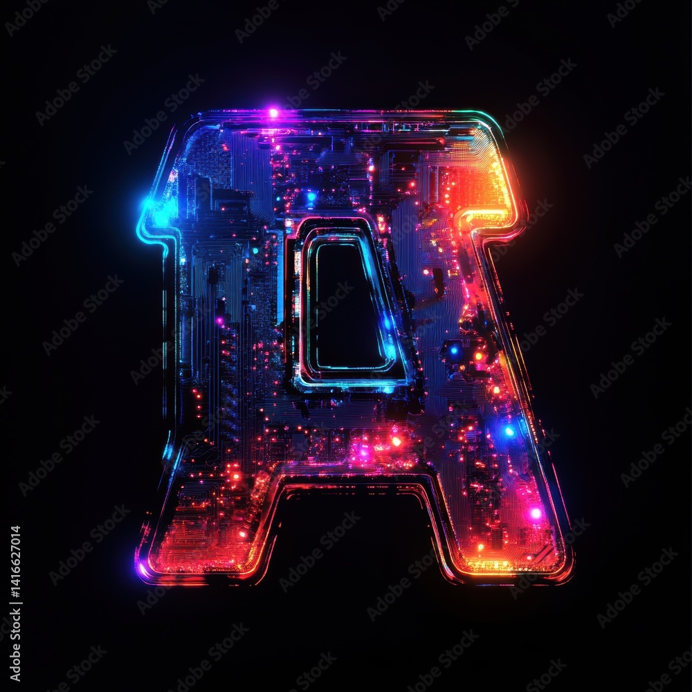 Poster futuristic letter a with glowing circuit board design on a black background for technology concepts