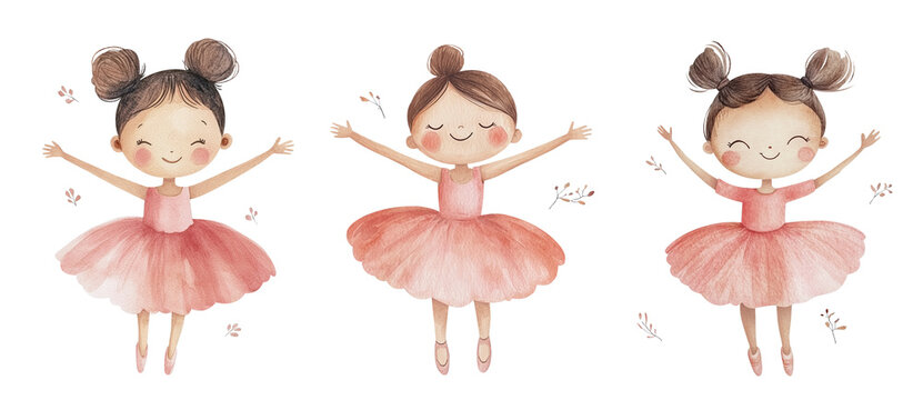 Fototapeta Jumping ballerina girls with smile. Children's watercolor illustration set. Isolated clipart with clear even edge on transparent background
