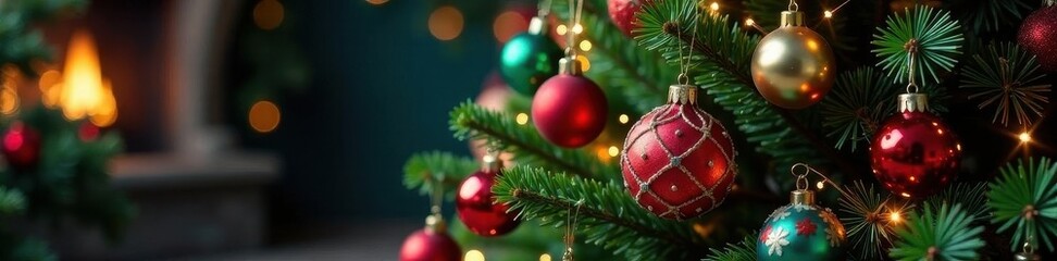 Fototapeta premium Ornate Christmas tree with colorful ornaments, festive garland , green, traditional, glitter