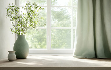 Fototapeta premium A serene interior scene featuring a vase with greenery by a large window, sunlight streaming through soft curtains.