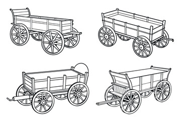 A collection of four outlined vintage wooden wagons, each uniquely designed