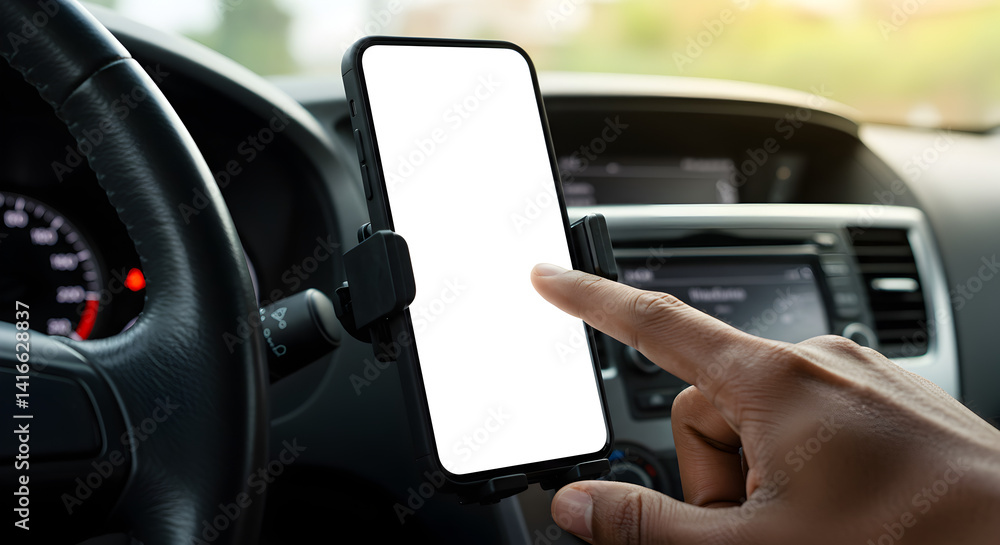 Poster hand touching smartphone mounted on car dashboard with white screen for navigation and connectivity 