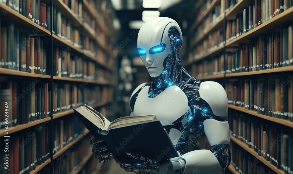 Poster robot reading book in futuristic library filled with books and technology
