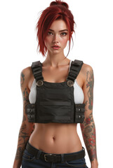 Woman wearing tactical vest with tattoos posing in studio