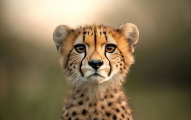 Obraz premium A stunning close-up of a cheetah cub, showcasing its expressive eyes and distinct spots against a blurred nature backdrop.
