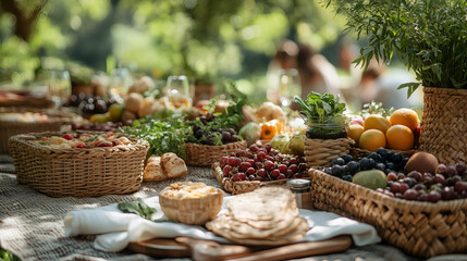 Elaborate outdoor picnic featuring fresh fruits, vegetables, and breads surrounded by greenery in sunlight