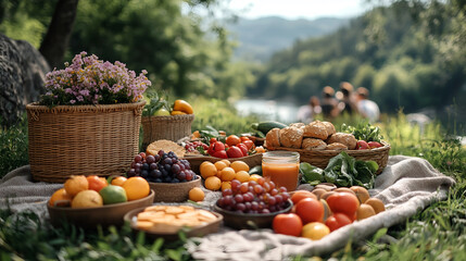 Refreshing outdoor picnic with fresh fruits and snacks by the serene riverbank during sunny afternoon