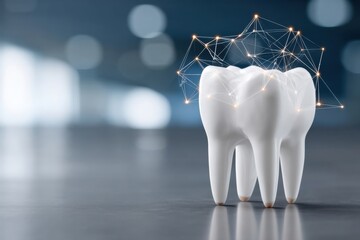White tooth model with digital network concept showcasing dental health innovation in a modern setting