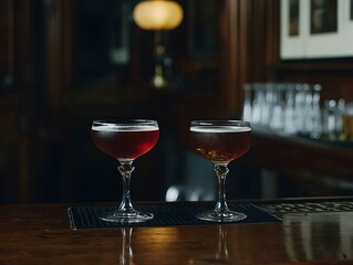 Two dark cocktails on a bar top in a dimly lit bar.  Perfect for articles about nightlife, spirits, or cocktails.