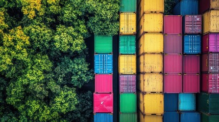 Obraz premium aerial juxtaposition of stacked cargo containers in vibrant colors bordering a lush green forest conveying themes of logistics, sustainability, and contrasting landscapes
