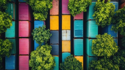 aerial view of multicolored cargo containers interspersed with lush green trees showcasing a blend of industry and nature creating an urban eco-system