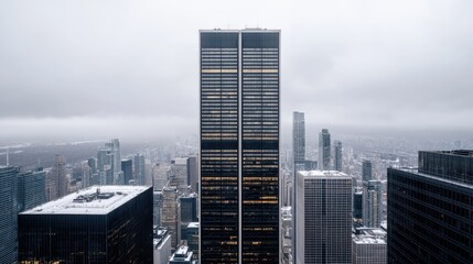 Fototapeta premium Moody cityscape highrise building aerial view foggy day