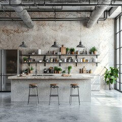 Concrete kitchen with island, shelves, and industrial pipes
