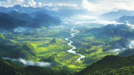 Fototapeta premium Serene River Valley Landscape with Lush Green Mountains