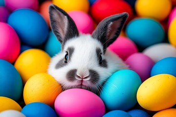 A white and black rabbit sitting in a pile of colorful eggs