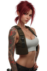 Woman Posing with Tattoo and Tactical Vest on White Background